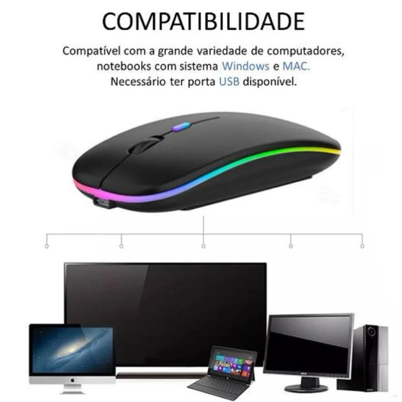 Mouse Sem Fio, Óptico, Silencioso, Ergonômico, Recarregável, Led, RGB, USB, Wirelless, 2.4ghz.