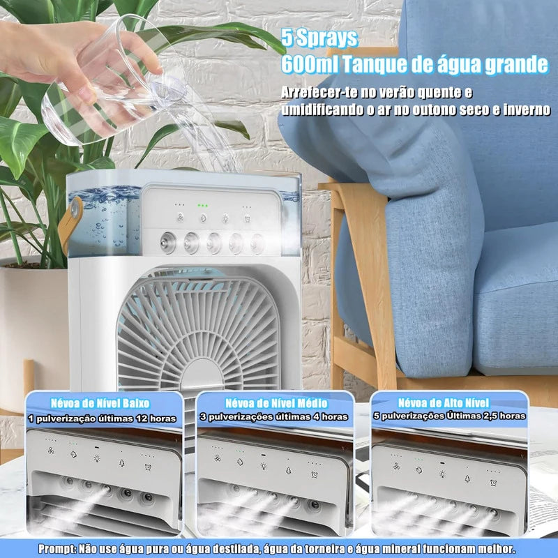 Ventilador portátil de ar condicionado, ventilador elétrico, luz noturna LED, Névoa de água, 3 em 1.