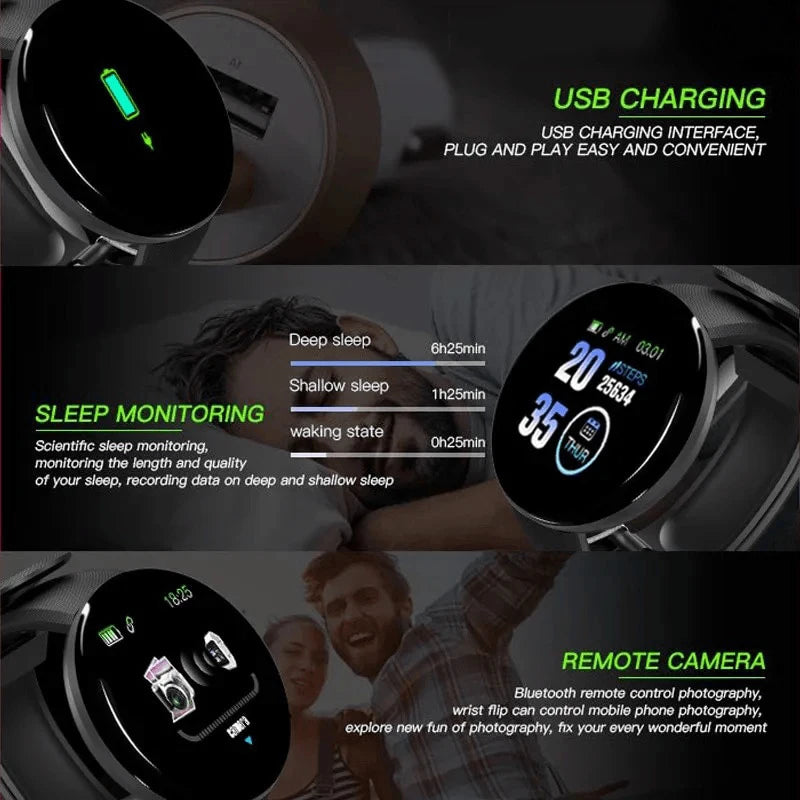 Smartwatch D18 Multifuncional. Relógio inteligente para homens e mulheres, Bluetooth conectado ao telefone, música, fitness, pulseira de esportes, monitor de sono.