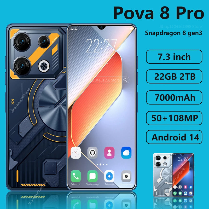 Smartphone Android 14, 5G, HD, 22G + 2TB, 50 + 108MP, 7000mAh, Pova-8 Pro Smartphone, Celular, Dual SIM, Desbloqueado, 7.3 Polegada, original